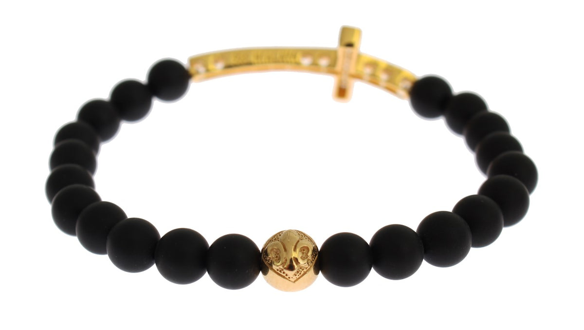 Nialaya Matte Onyx Stone Gold CZ Cross 925 Silver Bracelet